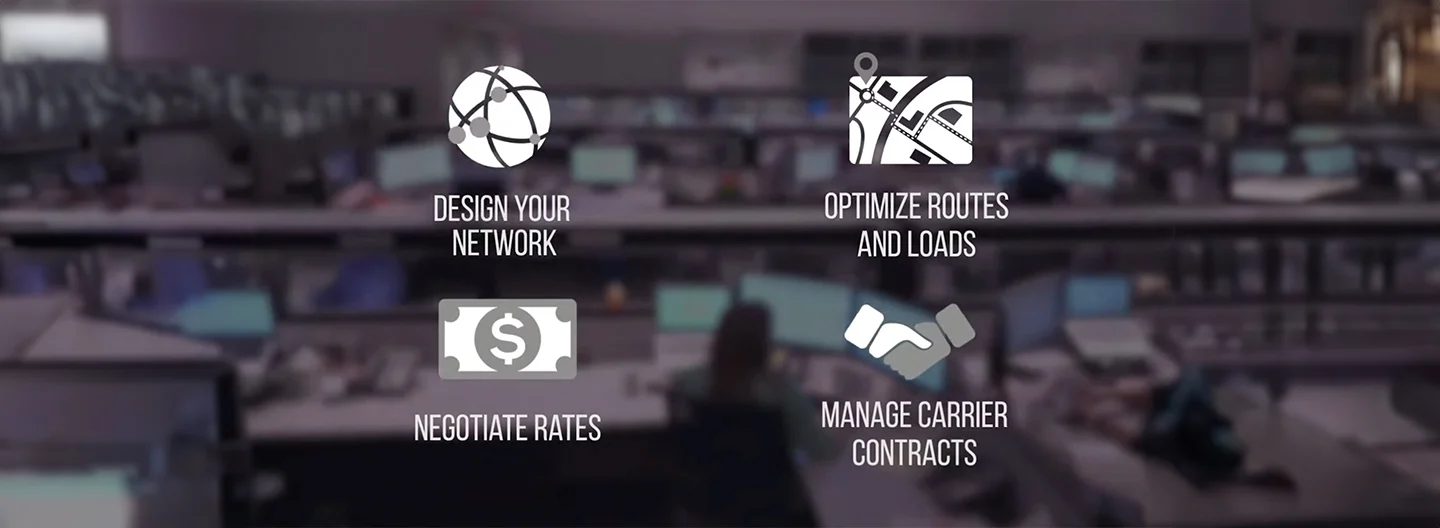 Ryder TMS supply chain infographic with key processes of design network, optimize routes, negotiate rates, manage carrier contracts